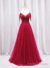 Burgundy Tulle Spaghetti Straps Beading Prom Dresss